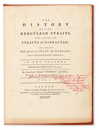 MILITARY  JAMES, THOMAS. The History of the Herculean Straits, now called the Straits of Gibraltar.  2 vols.  1771